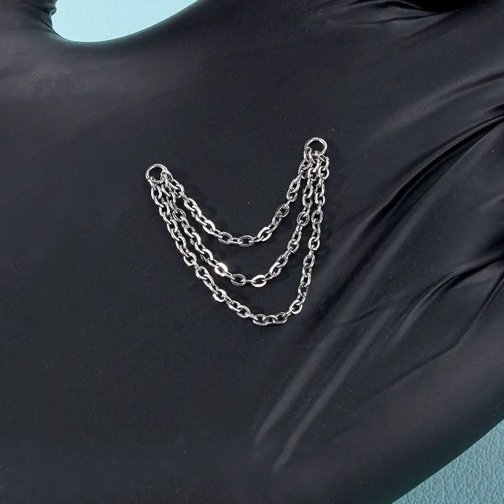 Body Jewelry Titanium - Moda Titanyum Burun Zinciri Çift Zincir