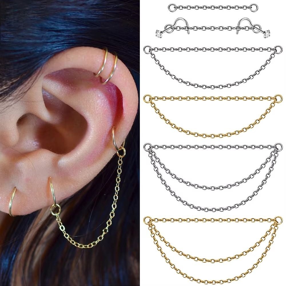 Body Jewelry Titanium - Moda Titanyum Burun Zinciri Çift Zincir